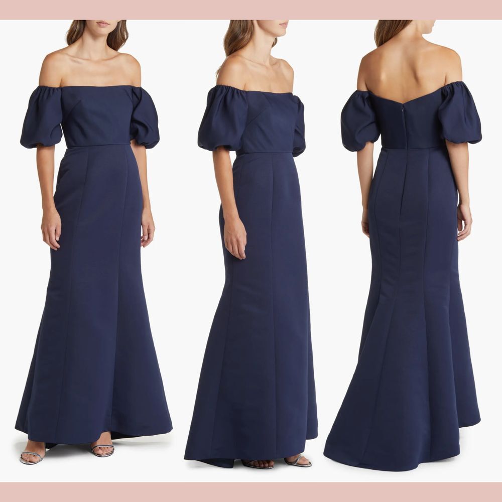 NEW Amsale [ 10 ] Fai Off‎ the Shoulder Puff Sleeve Mermaid Gown Blue
